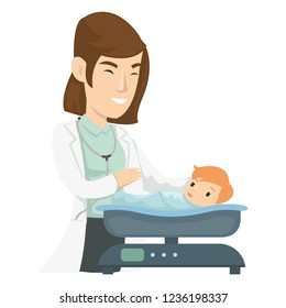 Girl paediatrican examining a baby kid