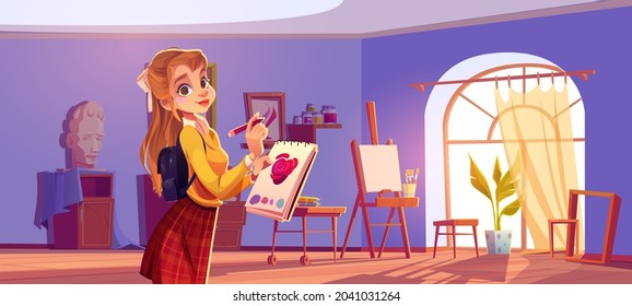 Girl painter in art studio with canvas and brushes on easel, paints on shelves and colored pencils. Vector cartoon illustration of artist workshop interior and woman with notebook and pencil