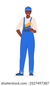 Menina pintora. Personagem mulher negra em uniforme azul. Ilustração vetorial