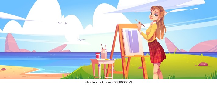 Girl painter with brush and easel on sea beach on plein air. Vector cartoon illustration of summer landscape of ocean shore with sand and grass and woman artist painting on canvas