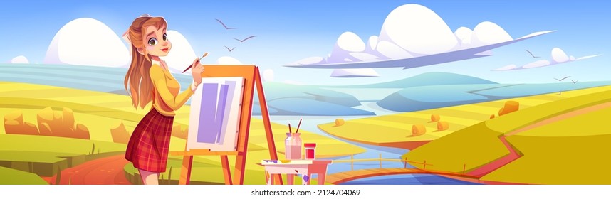 Girl painter with brush and easel on field with hay bales. Vector cartoon illustration of autumn landscape of countryside with river, bridge, road and woman artist painting on canvas on plein air