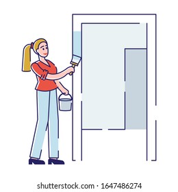 Girl Painter, Designer or Worker with Dye Bucket Coloring Wall with Paint Brush. Interior Design and Home Renovation, Room Repair and Remodeling. Concept Cartoon Flat Vector Illustration, Line Art