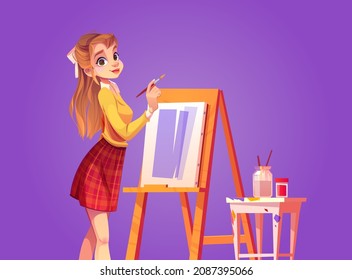 Girl painter draws on canvas with brush. Vector cartoon illustration of beautiful woman artist with paintbrush, easel with picture and stool with paints and glass jar with water