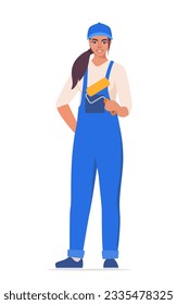 Girl painter. Woman character in blue uniform. Vector illustration