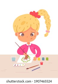 Girl painting in art and crafts class. Little child drawing tree with brush on paper, sitting at desk. Creative activities with tools vector illustration.