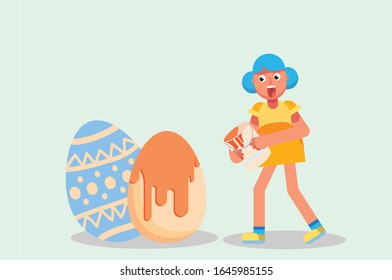 A girl painting a big egg by watering it. Colorful Easter vector illustration, this illustration can use as a sticker also.