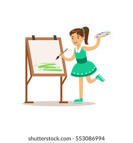 Girl Painting, Creative Child Practicing Arts In Art Class, Kids And Creativity Themed Illustration