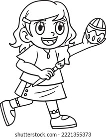 Girl Painting Easter Egg Isolated Coloring Page 