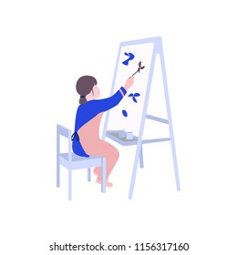 Girl painting flat illustration. Child drawing game in kindergarten. Childhood spending free time advertising print. Chracted design.
