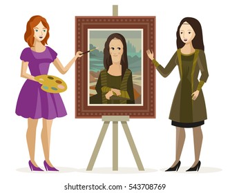 girl painting a framed portrait with a live model