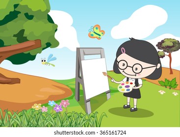 a girl painting in the garden