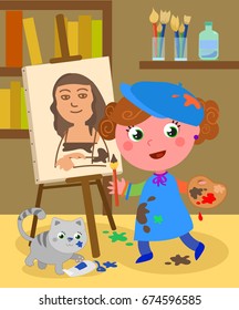 Girl painting in her atelier with palette, brushes, paints and a cute cat. Cartoon vector illustration.