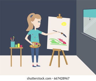 Girl painting with her easel in her room looking out of the window