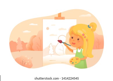 Girl painting landscape flat vector illustration. Talented teenager with paintbrush drawing picture, nature scenery on easel cartoon character. Arts school lesson. Hobby, leisure outdoor activity