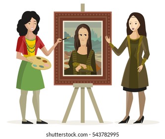 girl painting a mona lisa portrait