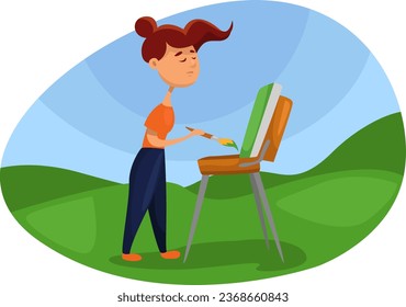 Girl painting in the nature, illustration, vector on a white background.