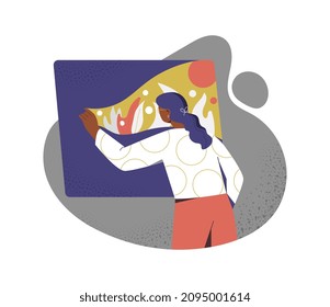 Girl with painting. Novice artist. Character reveals his creative abilities. Psychological tricks, self understanding, inner peace and balance. Drawing, painter. Cartoon flat vector illustration