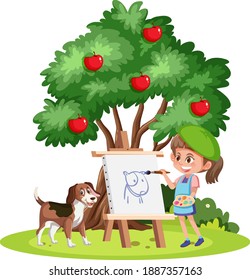 A girl painting on canvas with a dog on white background illustration