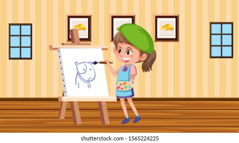 Girl painting on canvas in the room illustration