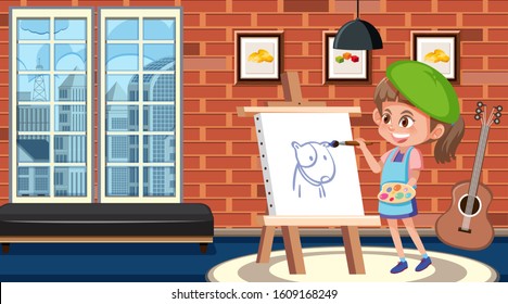 Girl painting on canvas in the room illustration