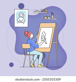 Girl painting on easel at classroom flat vector illustration. Young female cartoon character sitting in chair and drawing with crayon. Education, art, hobby, workshop concept.