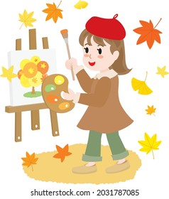 The girl painting the picture in autumn of the art