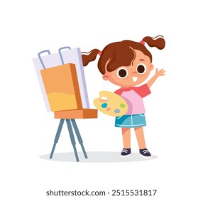 Chica pintando. Niño de la escuela de pie con pinturas. Niño dibujando y agitando la mano.