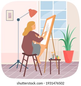 Girl is painting still life. Artist is drawing picture in creative studio. Woman is working with brush and paints. Female character transfers image of branches with flowers in vase to canvas