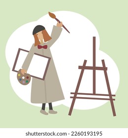 A girl with painting tools vector ilustration.picture isolated over light background. Concept of retro style, fashion, elegance, 60s, 70s.