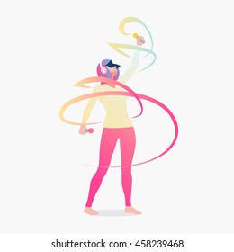 Girl paints abstract lines in virtual reality. Vector illustration