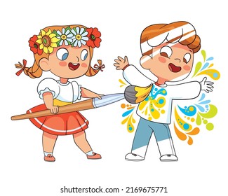 Girl paints boy with a big magic brush. Concept drawing for a coloring book. Colorful cartoon characters. Funny vector illustration. Isolated on white background