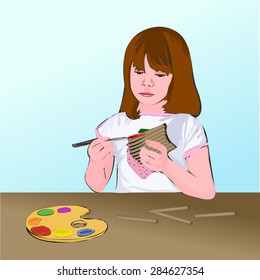The girl paints with a brush with colored inks glued together cylinders from cardboard. Children's creativity. Illustration vector.