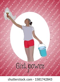 Girl paints the ceiling. Vector isolated image of a working girl with a bucket of paint and a brush in hand. The figure on a white oval background with a pink frame and the inscription - girl power.