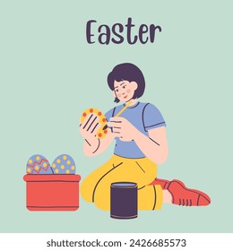 A girl paints Easter eggs. Vector illustration