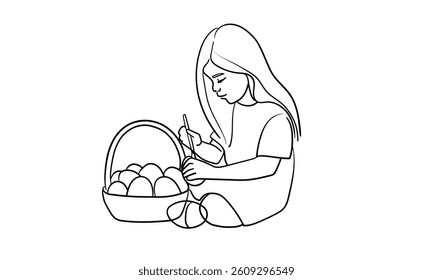 Girl paints eggs for Easter, continious line draswing. Vector illustration