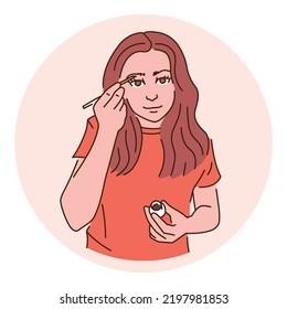 Girl paints her eyebrows flat vector illustration. Daily routine. Isolated cartoon character