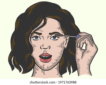 Girl paints her eyes with mascara. Sketch scratch board imitation.