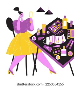 The girl paints her eyes, sitting at the table with cosmetics. A young woman applies makeup. Flat style illustrations