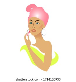 The girl paints her lips. Doing makeup. vector image of a beautiful well-groomed woman. Logo poster postcard for beauty spa salons and massage. delicate pastel yellow pink color 