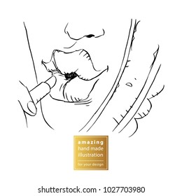Girl paints her lips with lipstick and looks in mirror. Reflection in mirror. Hand drawn black and white vector illustration