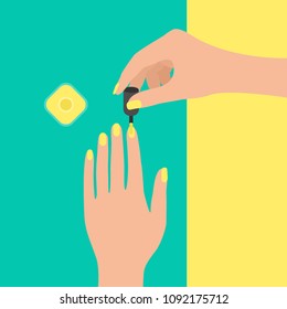 girl paints her nails. manicure in pastel candy style. view from above. vector illustration