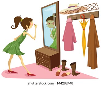 The girl paints lips in front of a large mirror, illustration