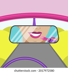 Girl Paints Lips While Driving In Rearview Mirror. Flat Vector Illustration.