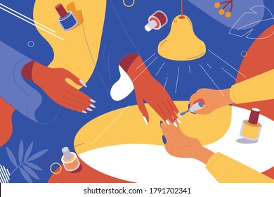 Girl paints nails to another woman at home, nail salon. Color concept vector illustration good for manicure service