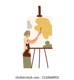 The girl paints on the easel. Art therapy. The woman is an artist. Hand drawn vector illustration.