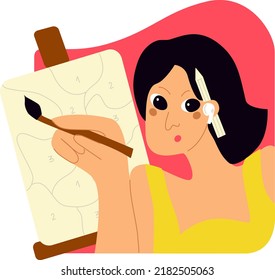 The girl paints the picture by numbers. Hobby flat vector illustration