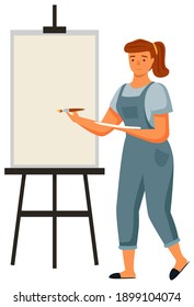 A girl paints a picture. Female character painter at home doing hobby isolated on white background. Young woman holding an art brush and palette. reative character daily life routine, relaxing time