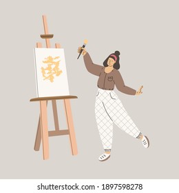 The girl paints a picture. Hobbies and pastime at home. Vector flat illustration of trending character. Isolated on a white background.