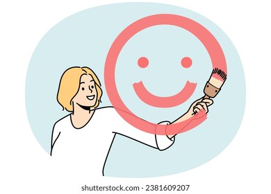 Girl paints smiling face with brush and red paint on glass in front of her. Blonde young woman spreading positive vibes, emotions. Painter have fun. Optimistic lady. Dont worry, be happy vector.