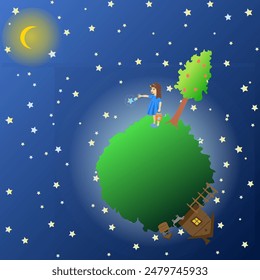 A girl paints stars with a brush while standing on a small planet with one house and a well. Vector illustration A green personal planet flies through space past the stars and moon. Girl standing